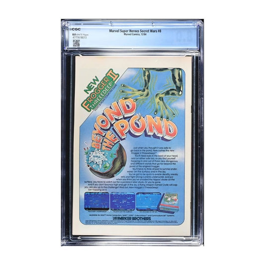 A graded comic book, Marvel Super Heroes Secret Wars Issue #98, encapsulated in a clear CGC holder. The comic cover features a blue background with a frog character and the title 'Beyond the Pond' in orange.