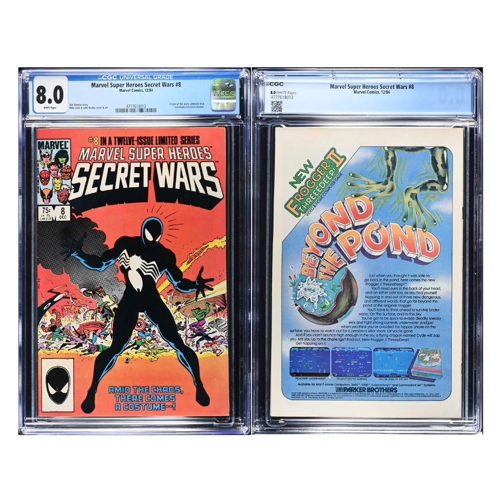 Two graded Marvel comic books in clear plastic slabbed cases, shown side by side on a white background. The left slab is a Marvel Super Heroes Secret Wars #8 comic with a black-and-white cover and an 8.
