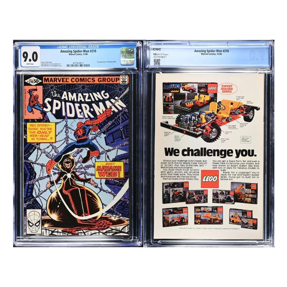 Two graded comic books in clear plastic grading cases side by side on a white background. The left item is a 1978 Marvel Comics Group Amazing Spider-Man issue graded 9.