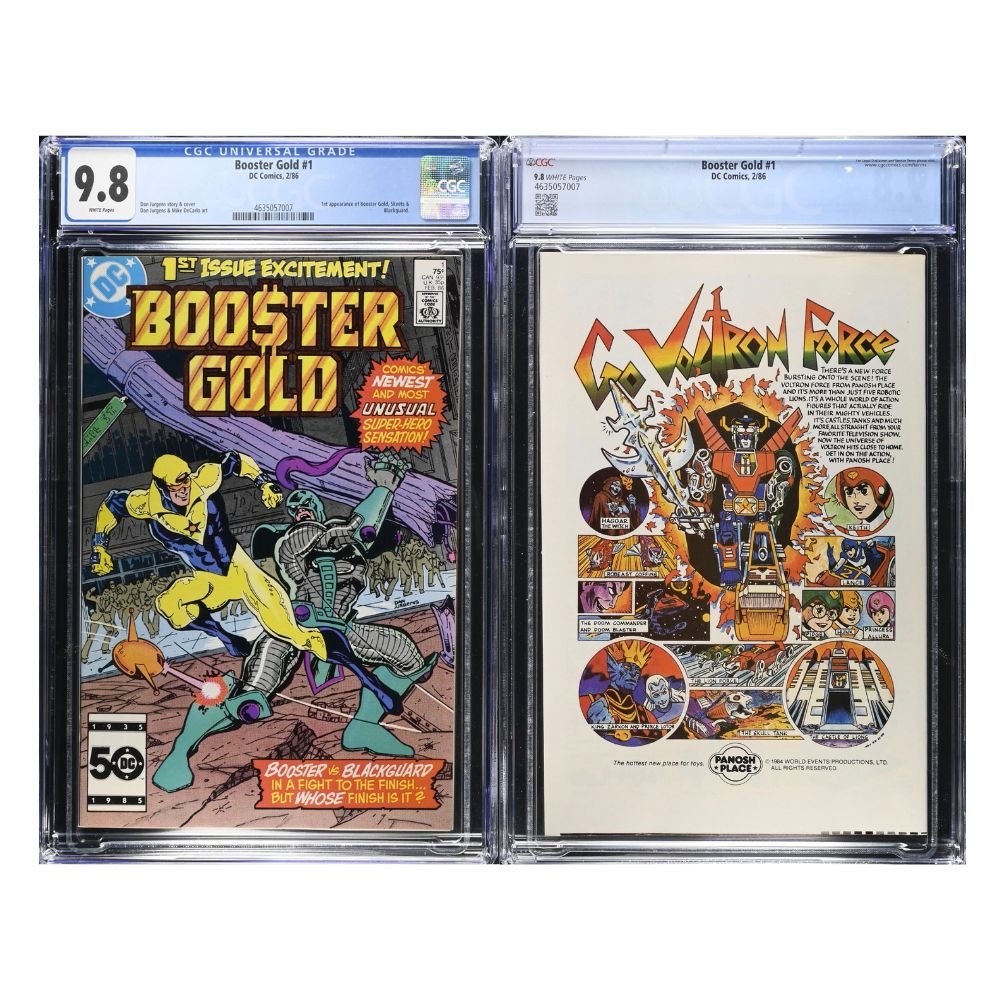 A copy of Booster Gold Issue 1, first appearance of Booster Gold by Marvel Comics, graded and encapsulated by CGC, graded a 9.8