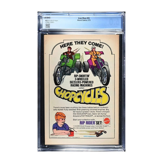 A vintage 1973 comic, Issue 55 of Iron Man from Marvel comics, graded and encapsulated by CGC in a 6.0 grade.