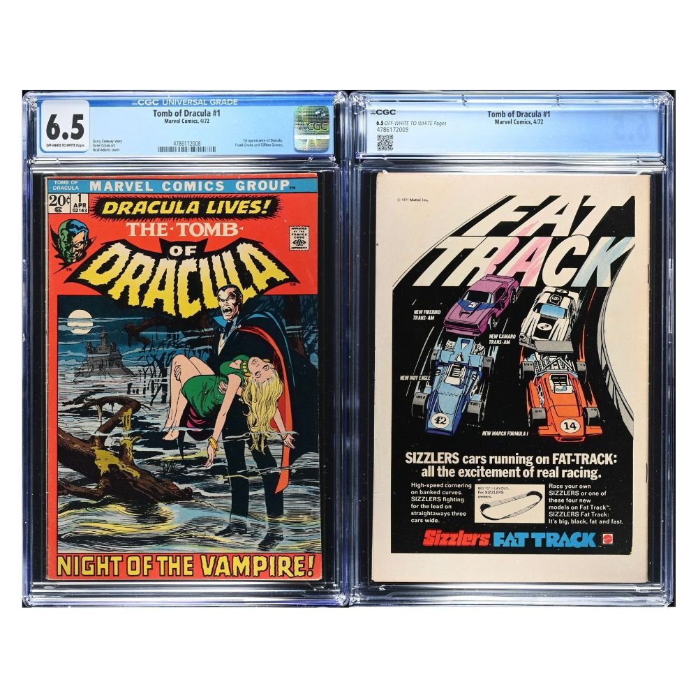 A vintage 1972 comic, Issue 1 of Tomb of dracula from Marvel comics, graded and encapsulated by CGC in a 6.5 grade.