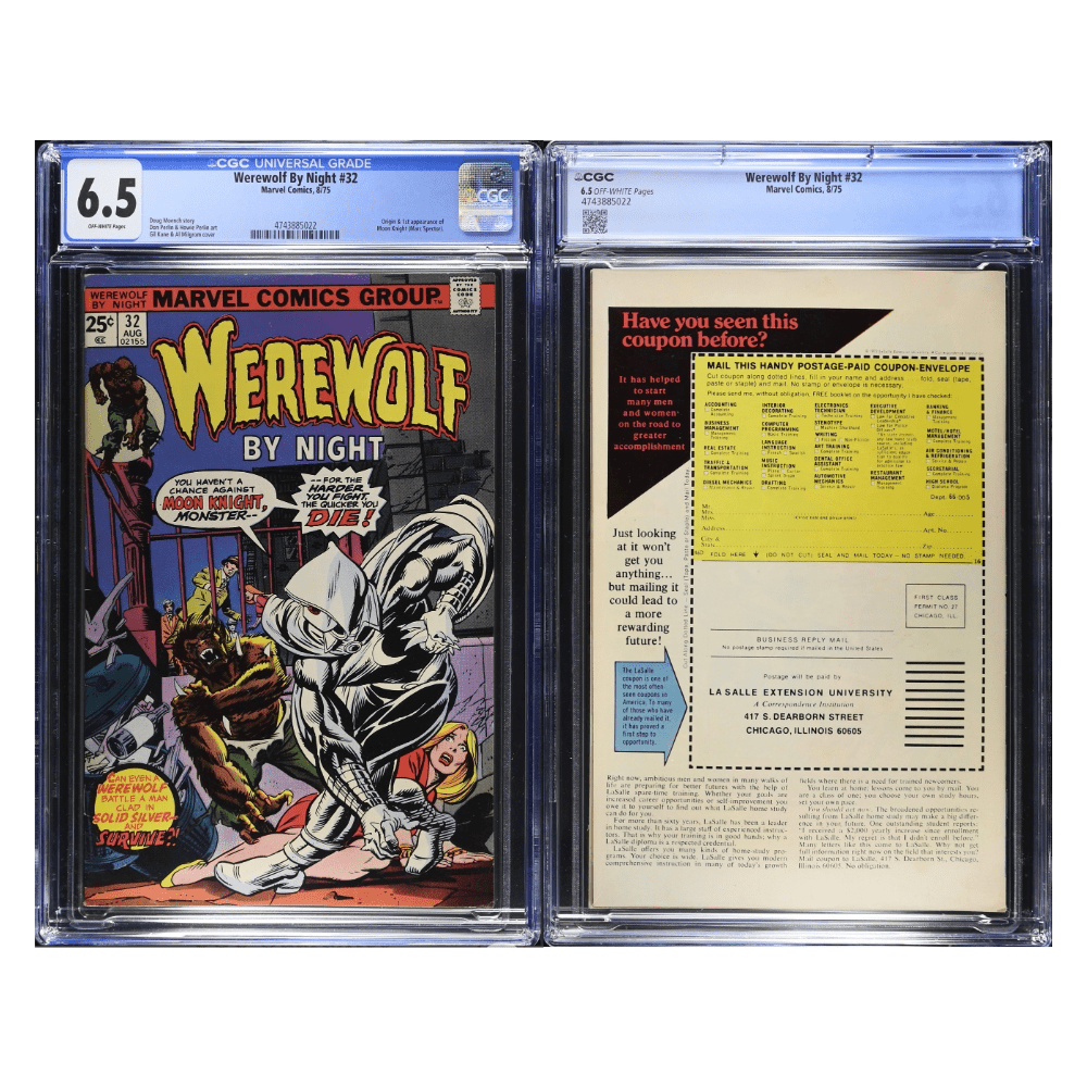 A CGC graded 6.5 copy of Werewolf by Night Issue 32 featuring the first appearance and origin of Moon Knight