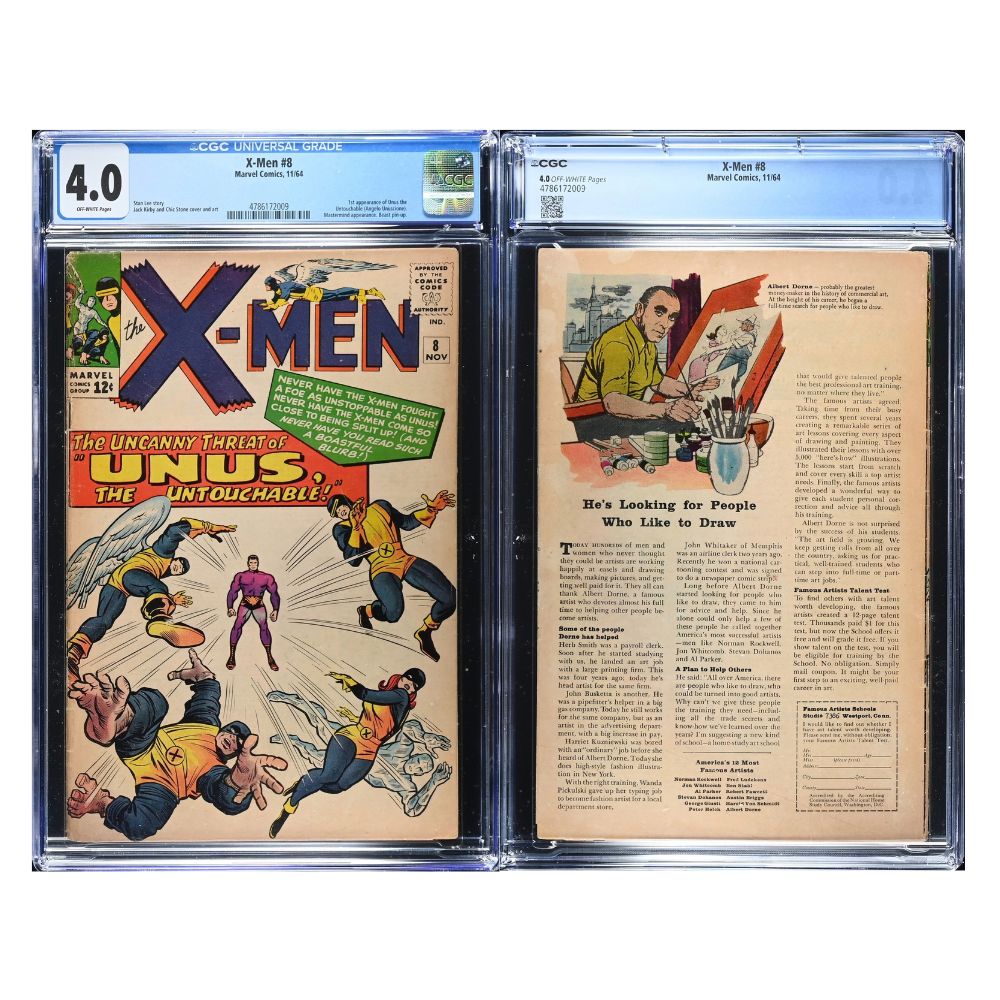 A vintage 1964 comic, Issue 8 of X-Men from Marvel comics, graded and encapsulated by CGC in a 4.0 grade.