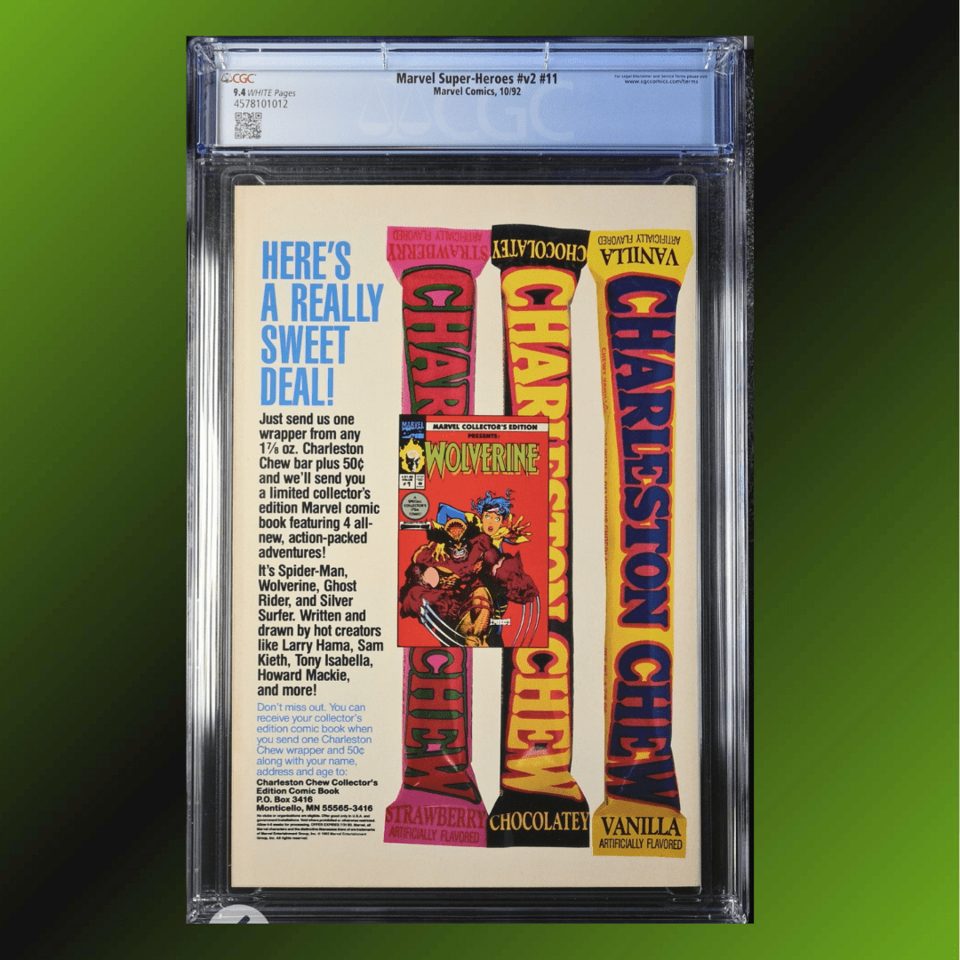 CGC 9.4 graded Marvel Super-Heroes #11 volume 2 comic book, 1992 major key issue from Caveman Comics.