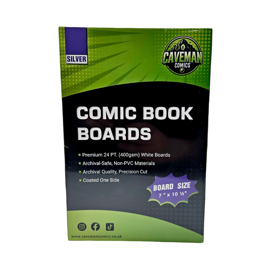 Pack of 100 acid-free silver age comic backing boards for professional archival-grade storage from Caveman Comics.