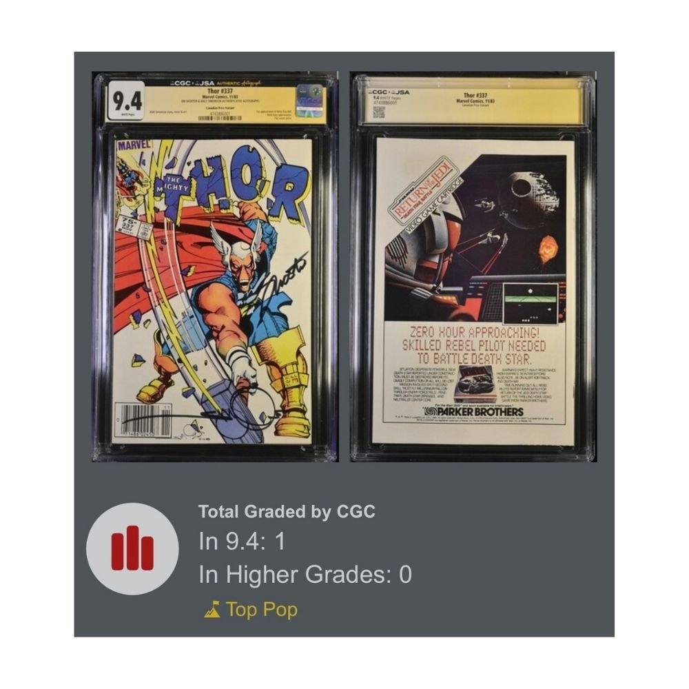 A graded comic book, Thor #147, graded 9.4 by CGC, encapsulated in a plastic protective slab. Signed by Walt Simonson & Jim Shooter