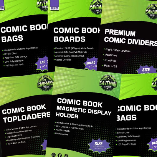 Caveman Comics product range featuring comic book bags, boards, dividers, and magnetic holders for archival storage