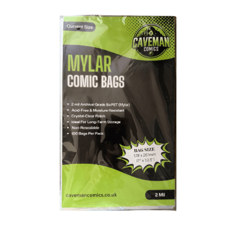 Pack of 100 2mil Mylar modern current comic bags for archival-safe storage and superior protection from Caveman Comics.