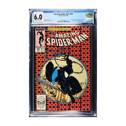 A graded copy of Marvel's Amazing Spider-Man #300 comic book, encapsulated in a clear CGC protective case. The comic features a vibrant red and black patterned cover with a central circular illustration of Spider-Man in black and blue, and a white cityscape.
