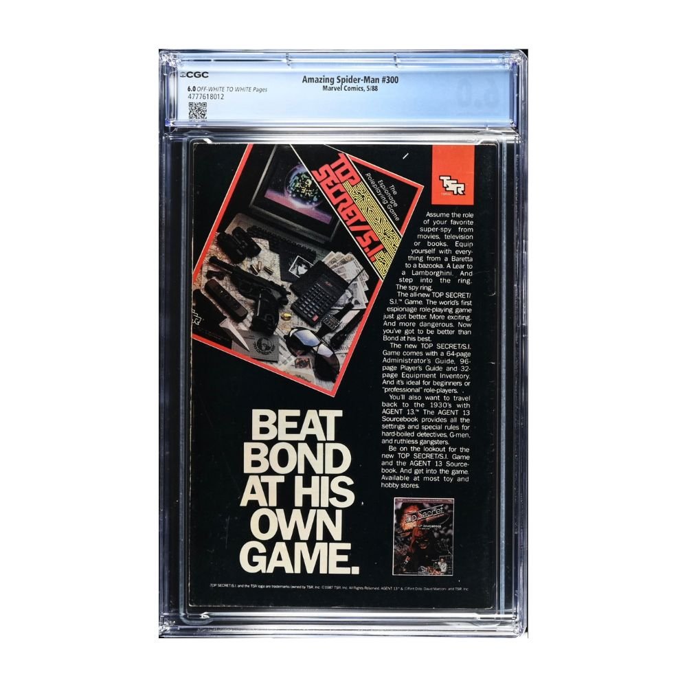 A collectible 1987 video game magazine advertisement for Topo Games' 'Secret Agent' featuring Richard Ramirez, sealed in a clear CGC holder. The black ad features bold white text and a red accent box, photographed against a clean white background.