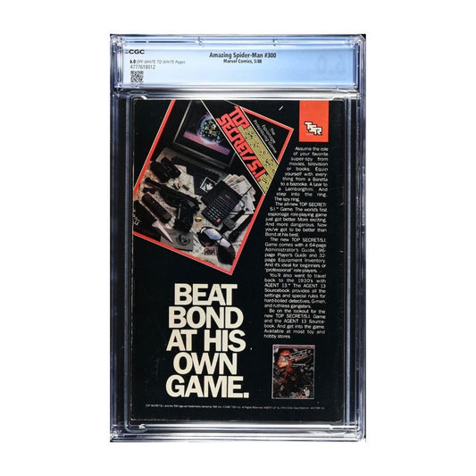 A collectible 1987 video game magazine advertisement for Topo Games' 'Secret Agent' featuring Richard Ramirez, sealed in a clear CGC holder. The black ad features bold white text and a red accent box, photographed against a clean white background.
