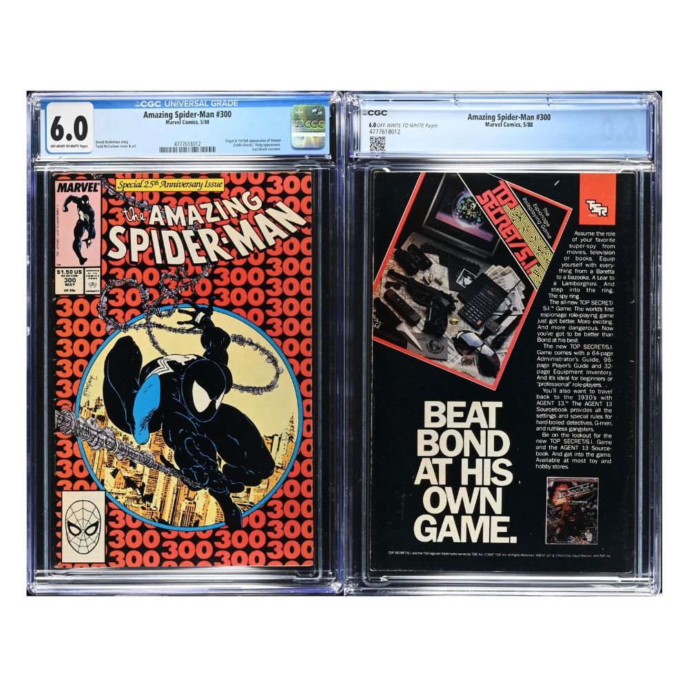 Two graded copies of Marvel's Amazing Spider-Man #300 in a clear plastic holder side by side. The left copy shows the comic cover with a CMJGS 6.