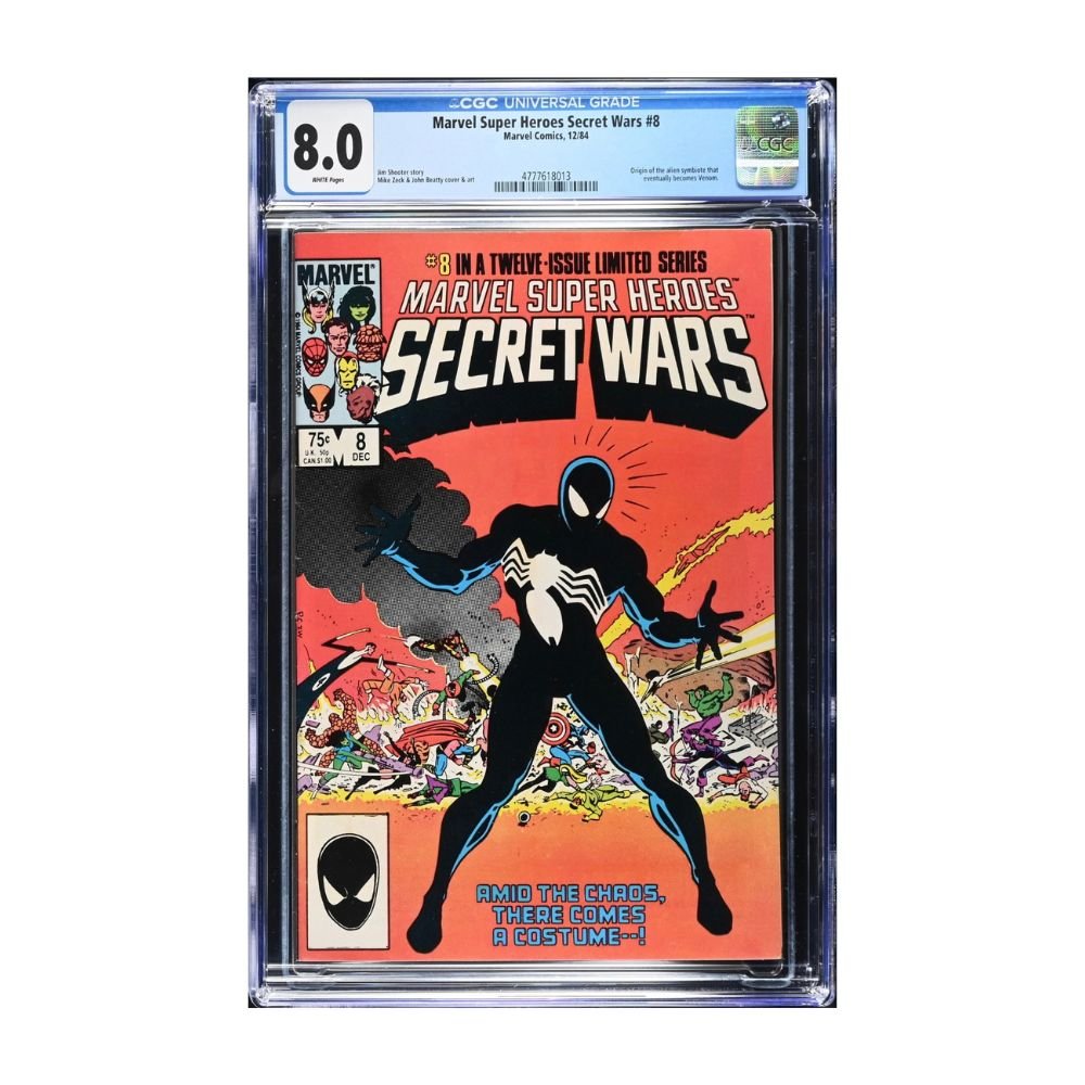 A graded comic book in a clear plastic slab. The comic is Marvel Super Heroes: Secret Wars Issue 48, graded CGC 8.