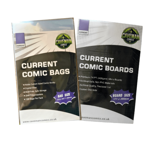 Pack of 100 archival-safe modern comic bags and acid-free backing boards for premium comic storage from Caveman Comics.
