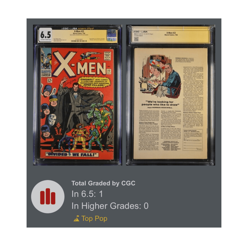 X-Men 22 CGC 6.5 | Signed Dick Ayers | JSA Authenticated | 1966
