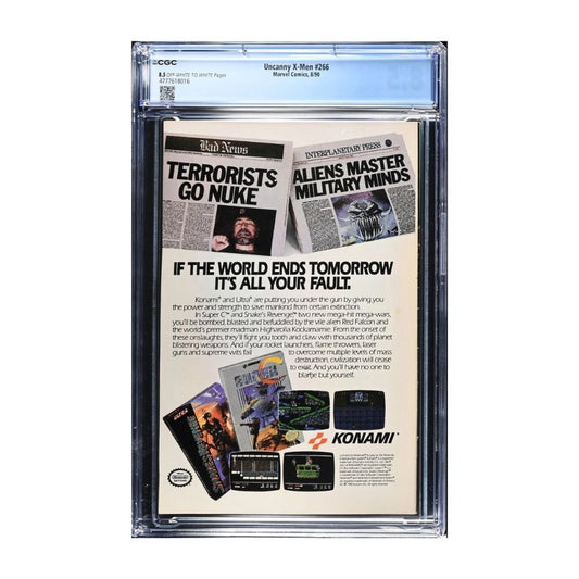 A vintage Konami magazine insert from May 1994, featuring the headline 'TERRORISTS GO NUKE' and 'ALIENS MASTER MILITARY MINDS,' displayed inside a clear plastic grading case with a blue label. The insert includes multiple game cover previews and Konami branding.