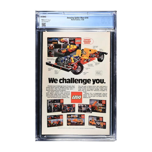 A vintage 1988 LEGO advertisement page encapsulated in a clear graded plastic holder. The ad features a large red car and other toy vehicles with the headline 'We challenge you.