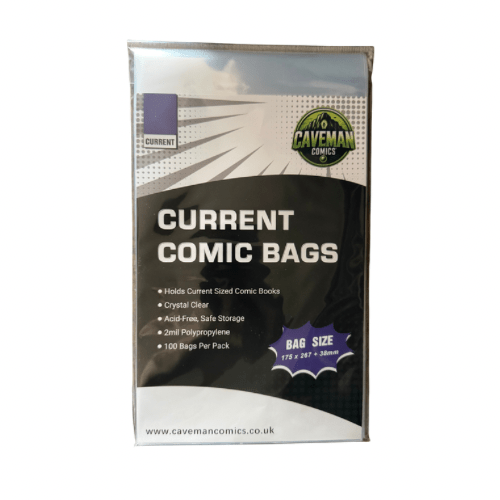 Pack of 100 crystal clear 2mil archival-safe modern comic bags for professional storage from Caveman Comics.