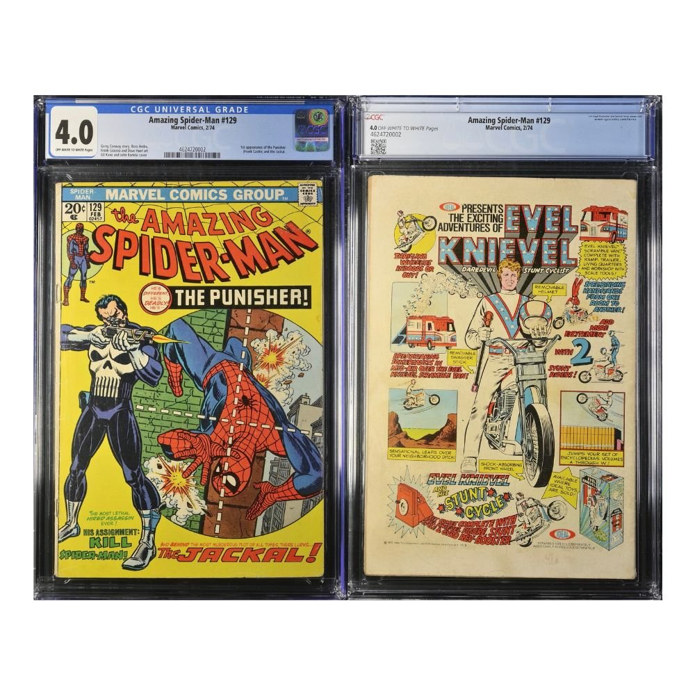 A vintage copy of Marvel Comics, The Amazing Spider-Man Issue 129, First appearance of The Punisher. Graded & encapsulated by CGC in a 4.0 grade.