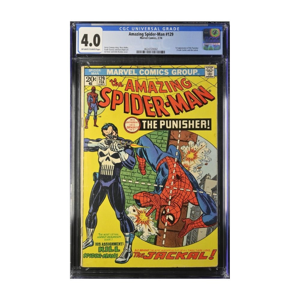 A vintage copy of Marvel Comics, The Amazing Spider-Man Issue 129, First appearance of The Punisher. Graded & encapsulated by CGC in a 4.0 grade.