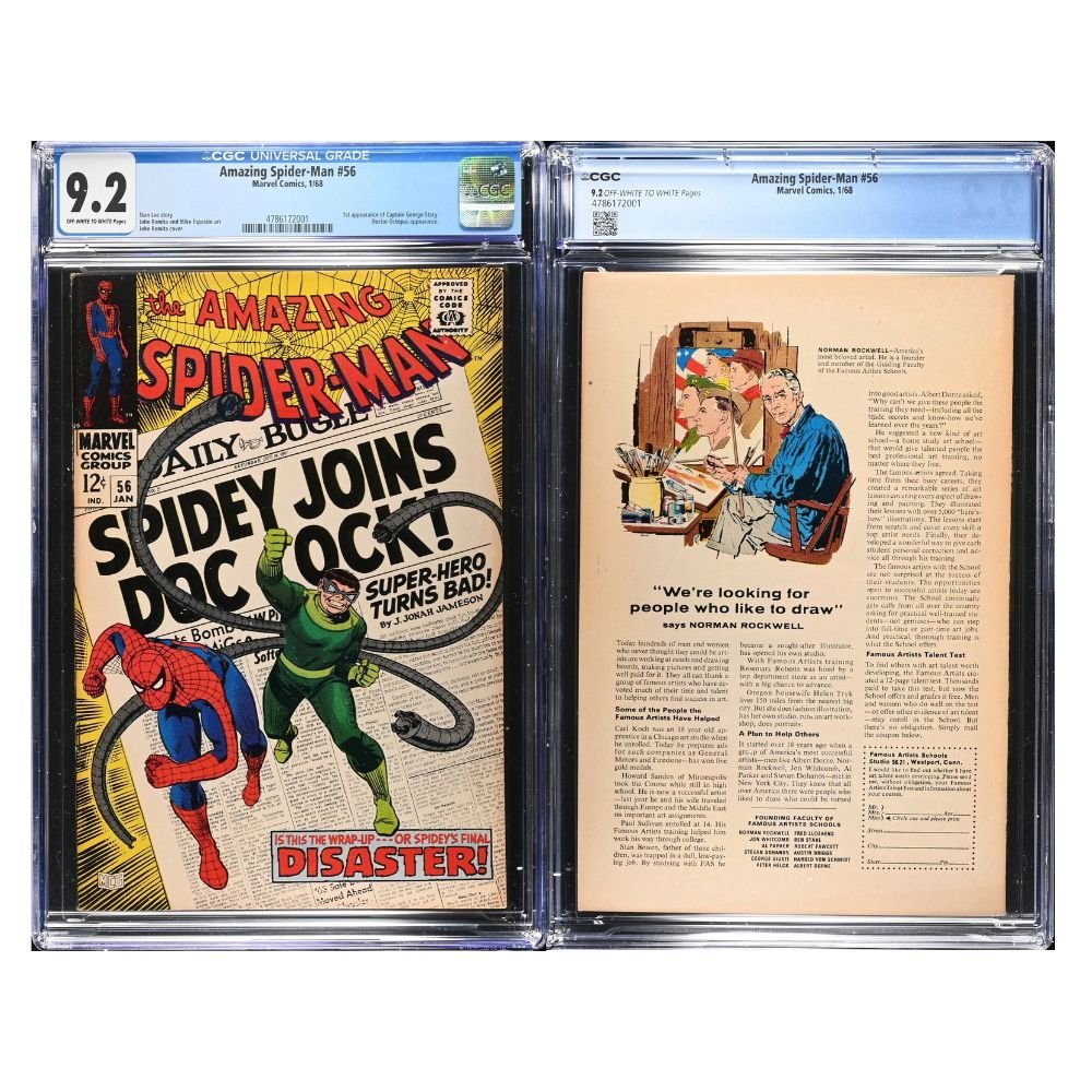 Marvel's Amazing Spider-Man issue 56 in clear plastic CGC slabbing, displayed side by side against a white background. The left slab shows the comic cover with a 9.2