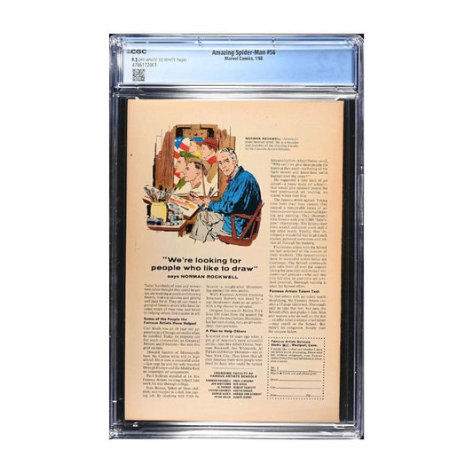 A vintage 1961 Marvel Comics advertisement page featuring Norman Rockwell's 'Amazing Spider-Man' art, encapsulated in a clear graded plastic slab by CGC.