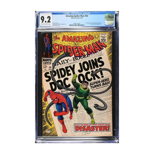 A vintage 1968 Amazing Spider-Man comic, Issue 56 encapsulated by CGC and graded 9.2. 1st appearance of Captain George Stacy.