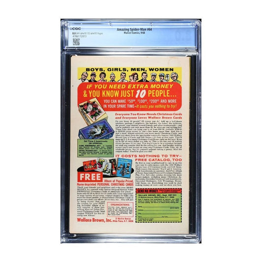 A vintage Issue 64 Amazing spiderman comic from 1968 graded and encapsulated by CGC in an 8.0 grade.