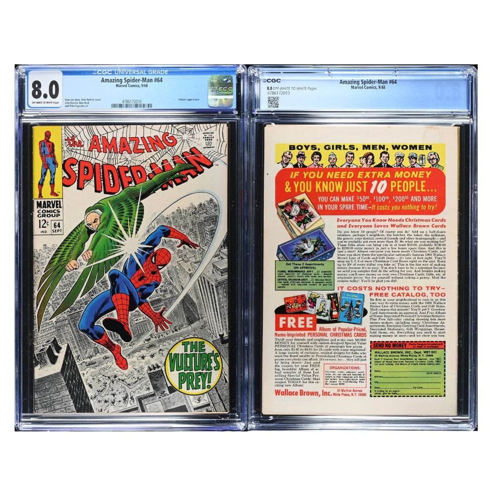 A vintage Issue 64 Amazing spiderman comic from 1968 graded and encapsulated by CGC in an 8.0 grade.