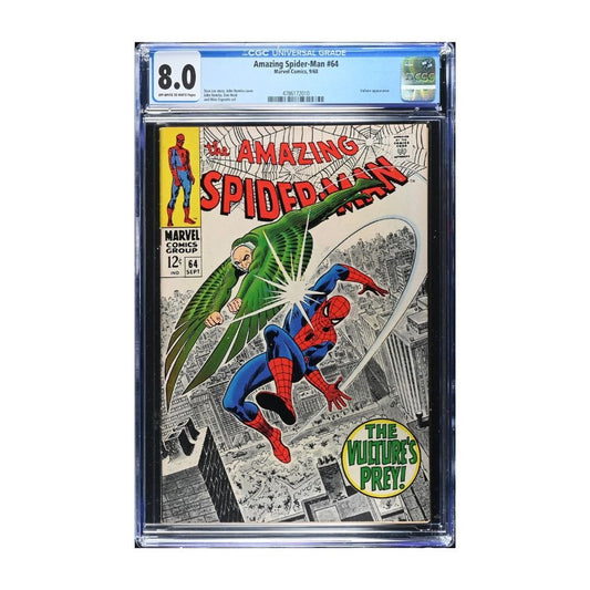 A vintage Issue 64 Amazing spiderman comic from 1968 graded and encapsulated by CGC in an 8.0 grade.