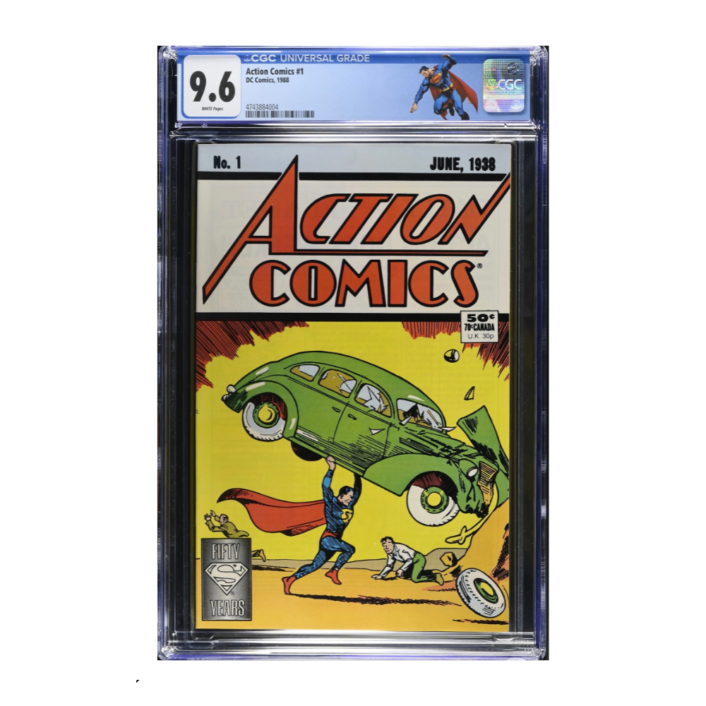 A graded copy of Action Comics #1 from June 1939, featuring Superman lifting a green car, sealed in a clear plastic slab with a blue CGC certification label at the top.