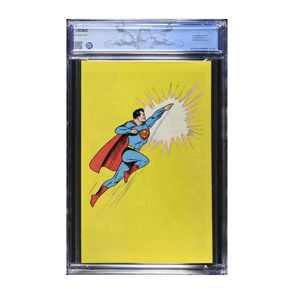 A comic book featuring Superman flying forward on a bright yellow background, encapsulated in a clear grading slab with a blue label at the top. The slab is photographed against a plain white background.