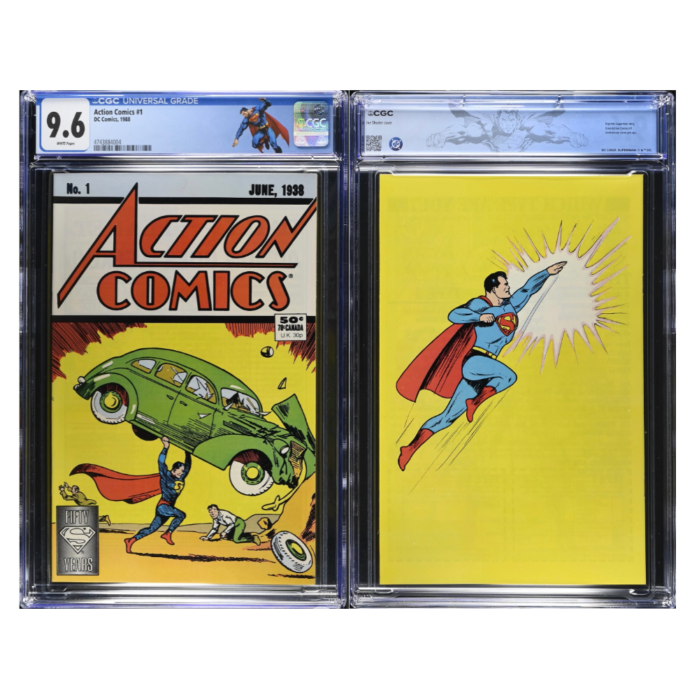 Two graded copies of Superman's Action Comics #1 (June 1940) comic book, one graded 9.6 by CGC and the other graded 8 by CBC, displayed side-by-side on a white background.