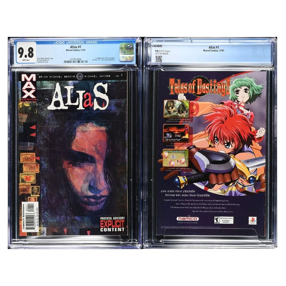 Two graded comic books in clear plastic slabbed cases side by side on a white background. The left comic is Max Alias #1 with a 9.