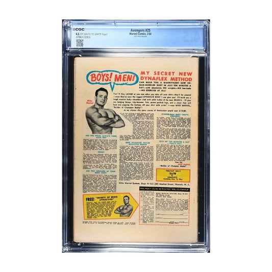 A vintage 1966 Issue 25 of Avengers from Marvel comics, graded and encapsulated by CGC in a 4.5 grade. 