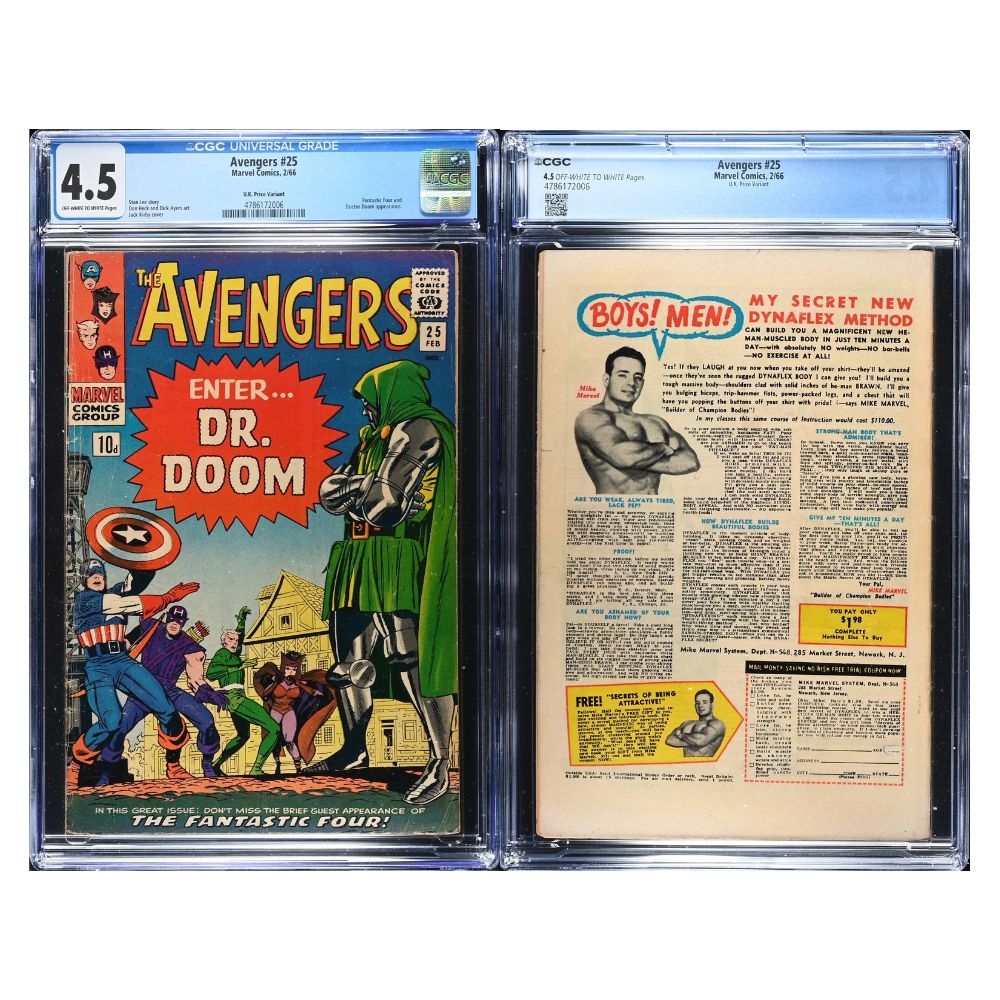 A vintage 1966 Issue 25 of Avengers from Marvel comics, graded and encapsulated by CGC in a 4.5 grade. 
