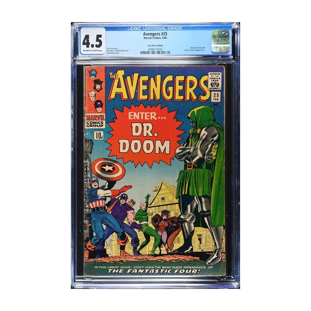 A vintage 1966 Issue 25 of Avengers from Marvel comics, graded and encapsulated by CGC in a 4.5 grade. 
