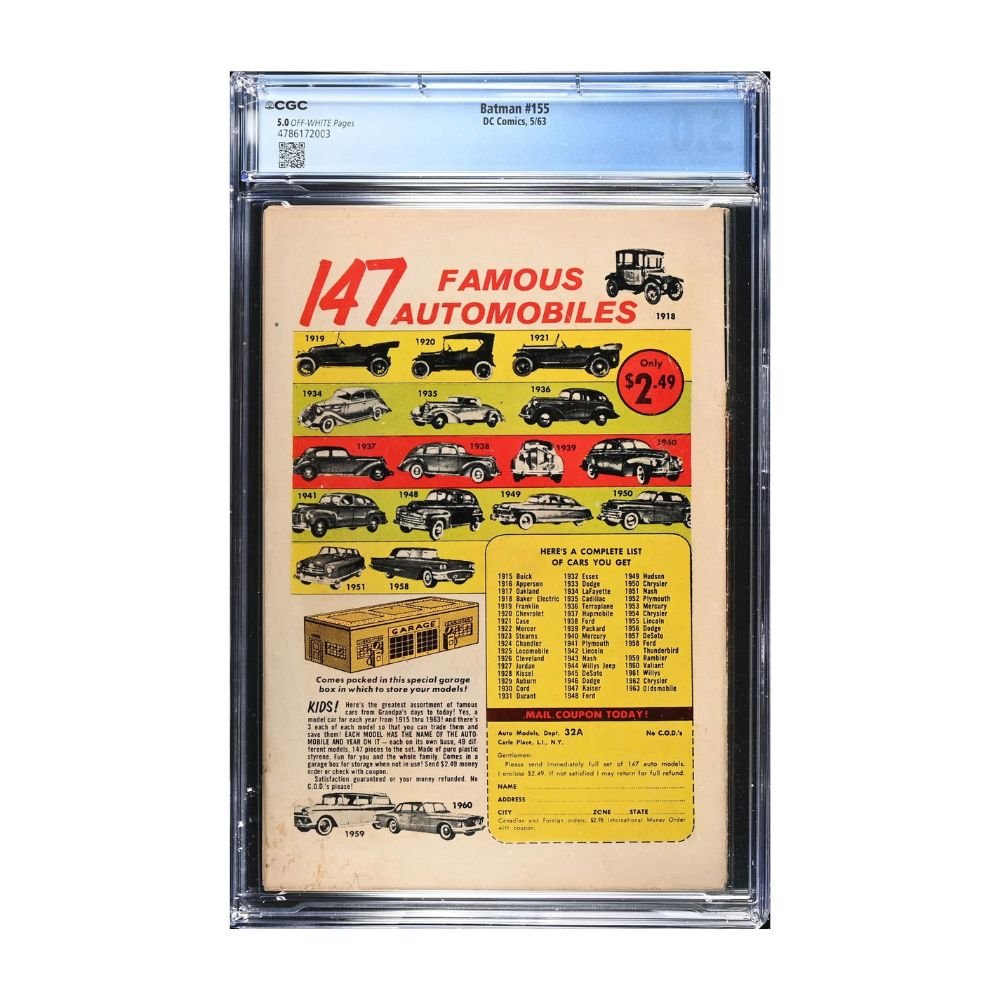 A vintage 1963 comic, Issue 155 of Batman from Marvel comics, graded and encapsulated by CGC in a 5.0 grade. 