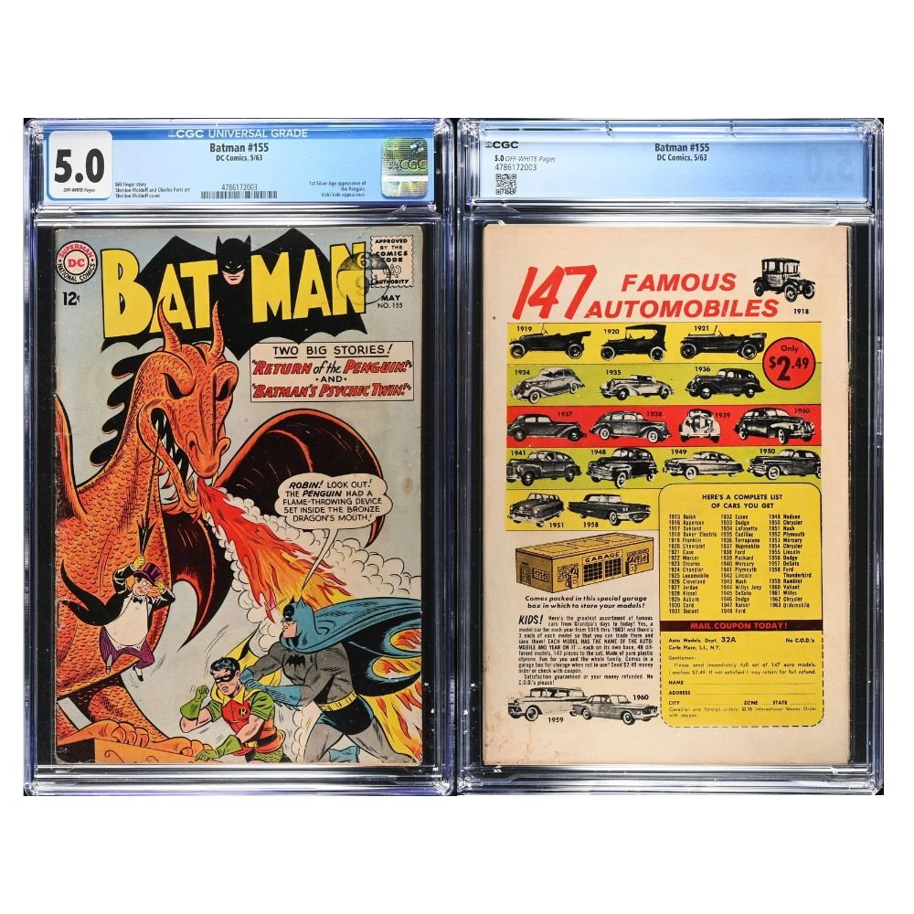 A vintage 1963 comic, Issue 155 of Batman from Marvel comics, graded and encapsulated by CGC in a 5.0 grade. 