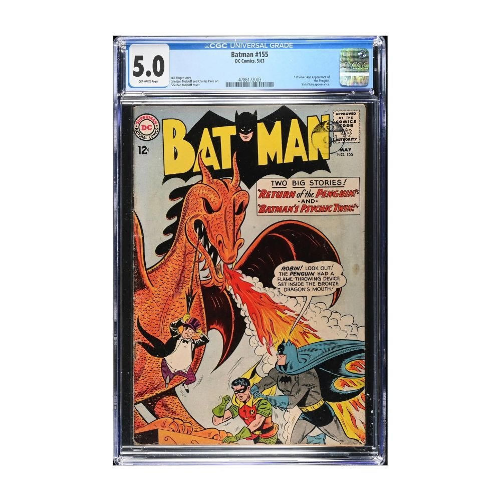A vintage 1963 comic, Issue 155 of Batman from Marvel comics, graded and encapsulated by CGC in a 5.0 grade. 
