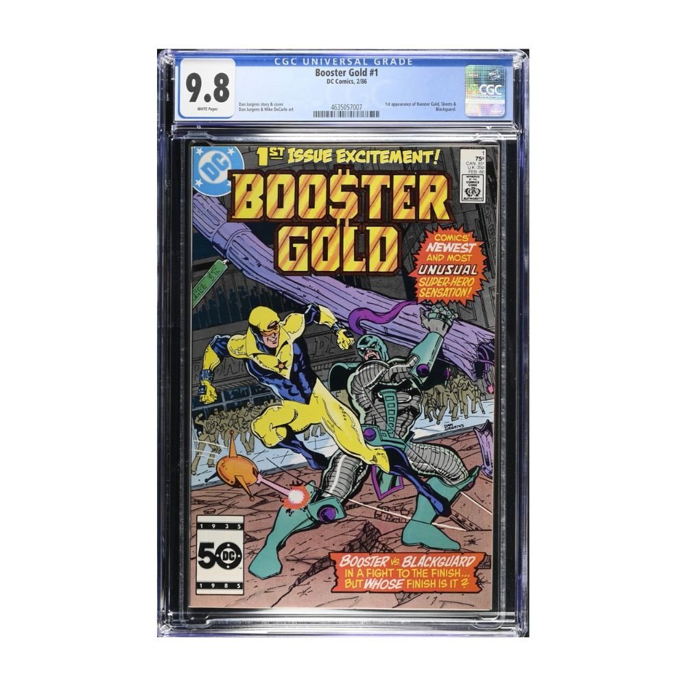 A copy of Booster Gold Issue 1, first appearance of Booster Gold by Marvel Comics, graded and encapsulated by CGC, graded a 9.8