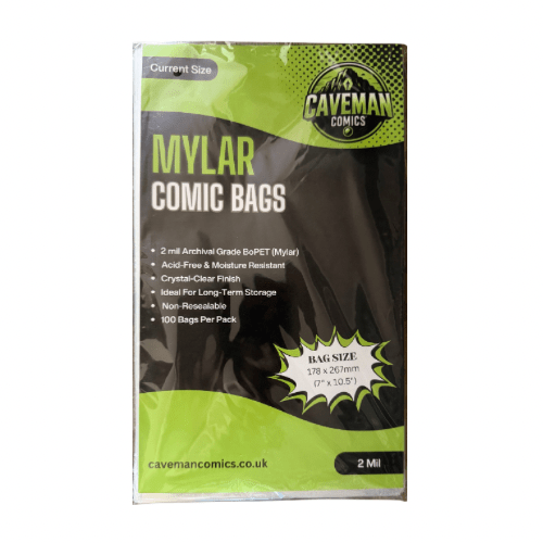 Pack of 100 2mil Mylar modern current comic bags for archival-safe storage and superior protection from Caveman Comics.