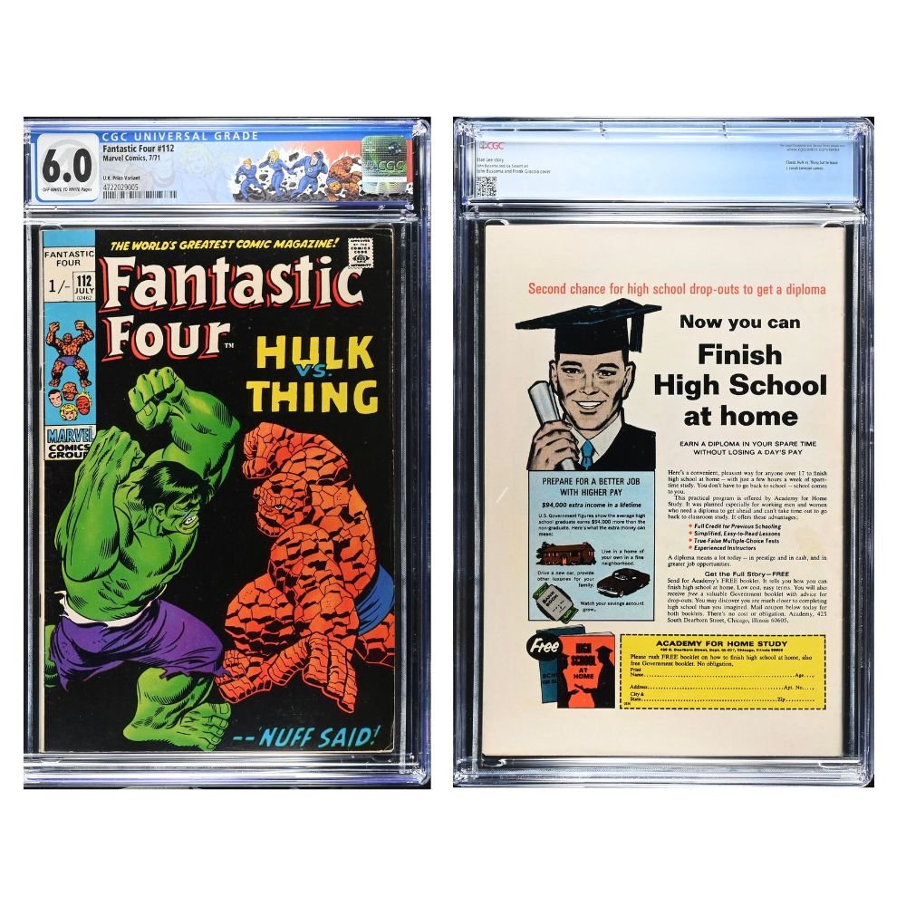CGC graded 6.0 copy of Fantastic Four #112 (1971) featuring a custom Fantastic Four character label. The cover art by John Buscema depicts an iconic battle between The Hulk and The Thing.