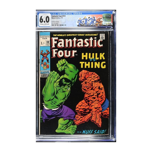 CGC graded 6.0 copy of Fantastic Four #112 (1971) featuring a custom Fantastic Four character label. The cover art by John Buscema depicts an iconic battle between The Hulk and The Thing.