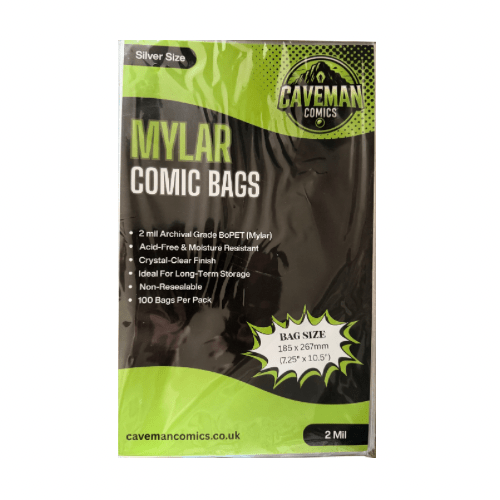 Pack of 100 2mil Mylar silver age comic bags for archival-safe storage and superior protection from Caveman Comics.