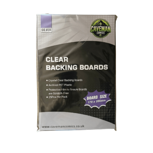 Pack of 25 clear acid-free silver age comic backing boards for professional archival storage from Caveman Comics.