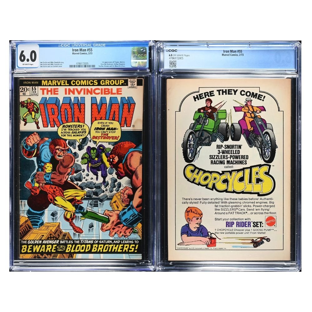 A vintage 1973 comic, Issue 55 of Iron Man from Marvel comics, graded and encapsulated by CGC in a 6.0 grade. 