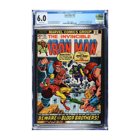 A vintage 1973 comic, Issue 55 of Iron Man from Marvel comics, graded and encapsulated by CGC in a 6.0 grade. 
