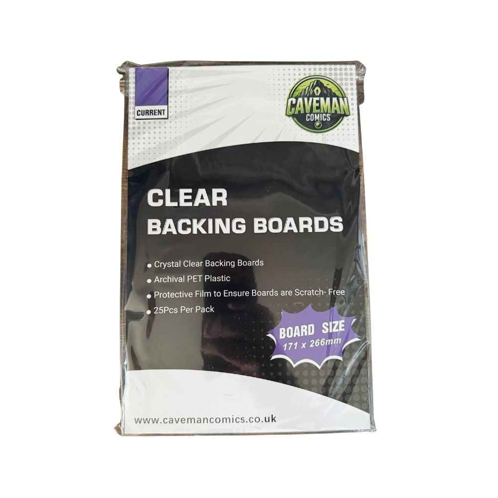 Pack of clear backing boards with Caveman Comics branding on a white background